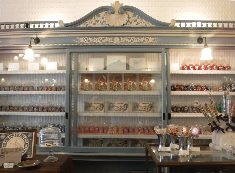 Glass-fronted candy cases at Shane Confectionery