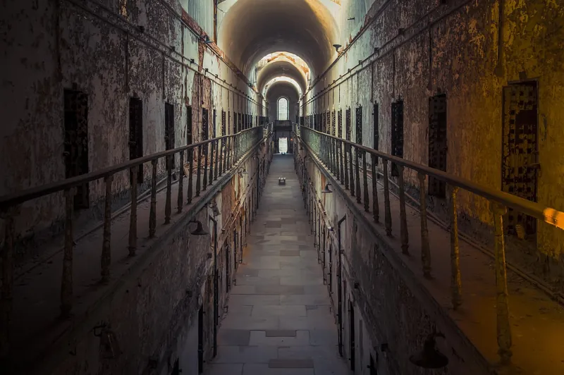 Long vaulted cell block corridor at Eastern State Penitentiary