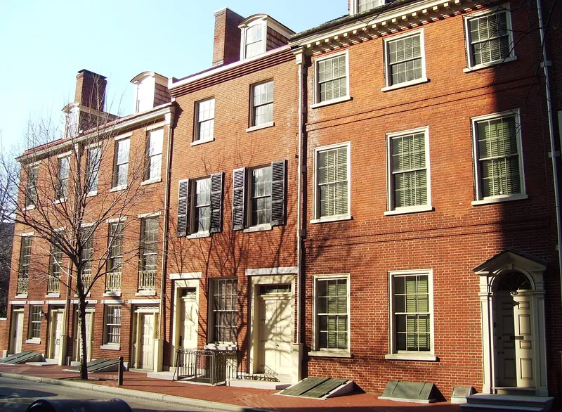 Federal-style brick rowhouses on Walnut Street in Society Hill