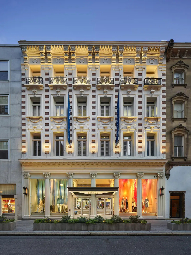 Ornate white facade of the Boyds store on Chestnut Street